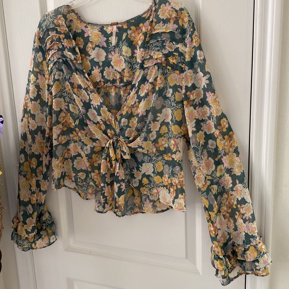 FREE PEOPLE Maybel Tie-Front Ruffled Blouse (Green/Pink) - Picture 6 of 7